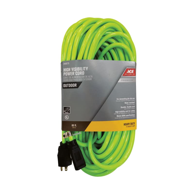 UPC 082901269939 product image for Ace 12/3 SJTW 80ft 15Amp 125V 1875W High Visibility Extension Cord in Neon Green | upcitemdb.com