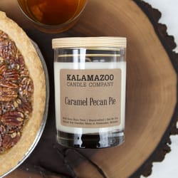 Kalamazoo Candle Company Clear glass jar with white soy wax, wood lid Caramel Pecan Pie Scent Carame