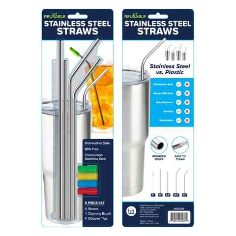 Stainless Steel Set of 4 Reusable Metal Straws w/ Silicone Tips