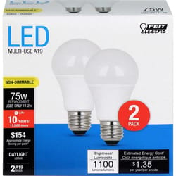 Feit LED A19 E26 (Medium) LED Bulb Daylight 75 Watt Equivalence 2 pk