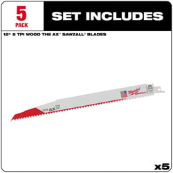 Milwaukee The AX 12 in. Bi-Metal Wood demolition Reciprocating Saw Blade 5 TPI 5 pk