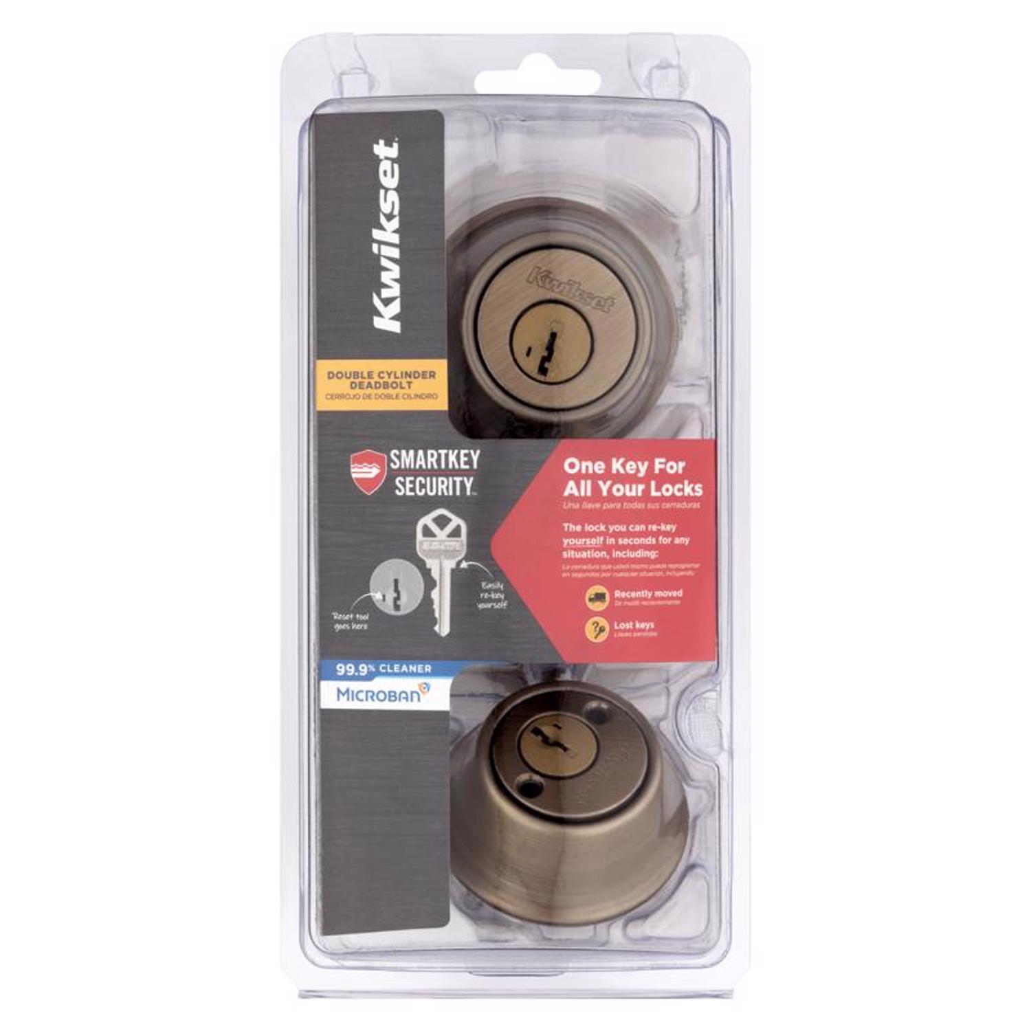 kwikset smartkey security antique brass metal double cylinder deadbolt