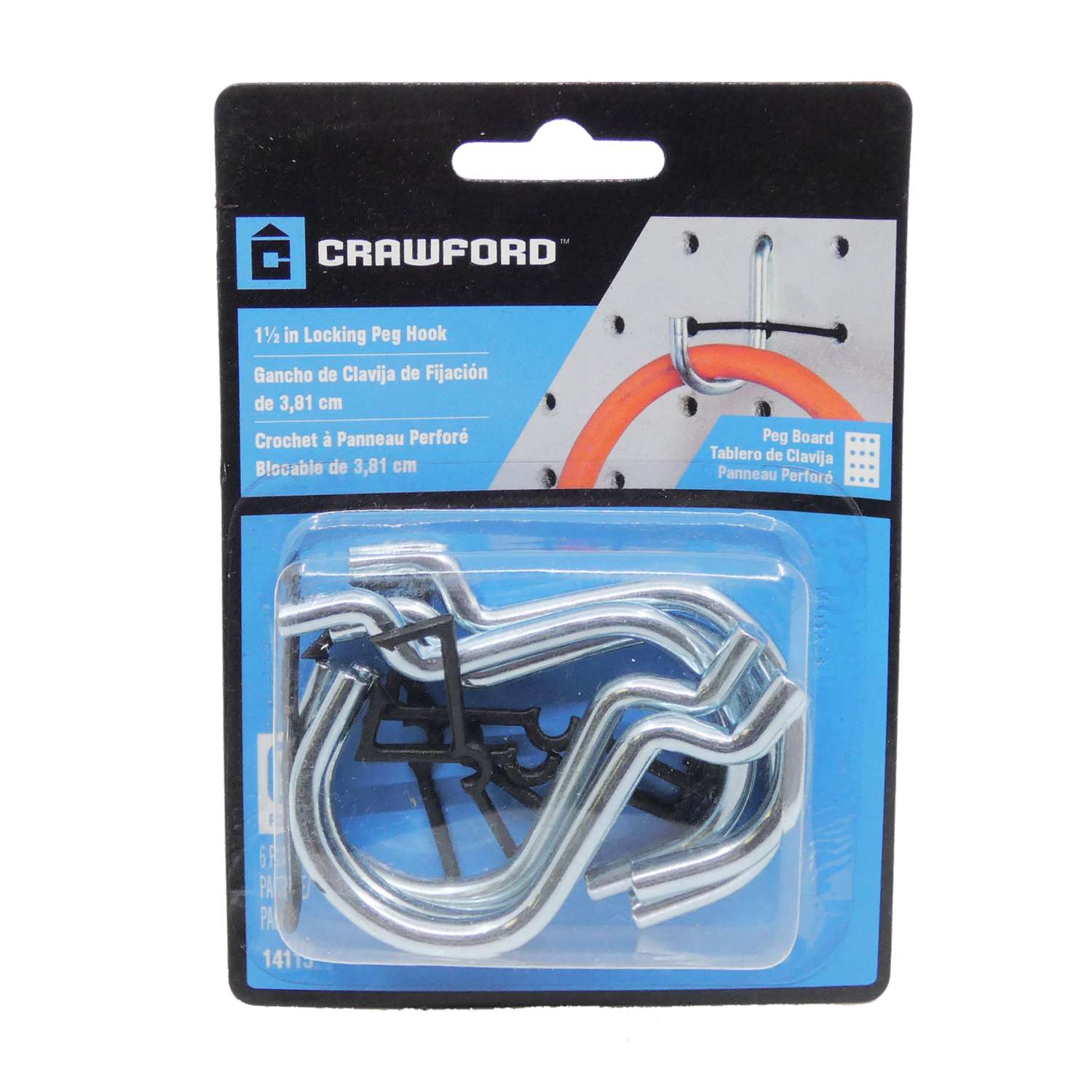 Crawford Zinc Plated Black/Silver Steel 1.5 in. Peg Hooks 6 pk