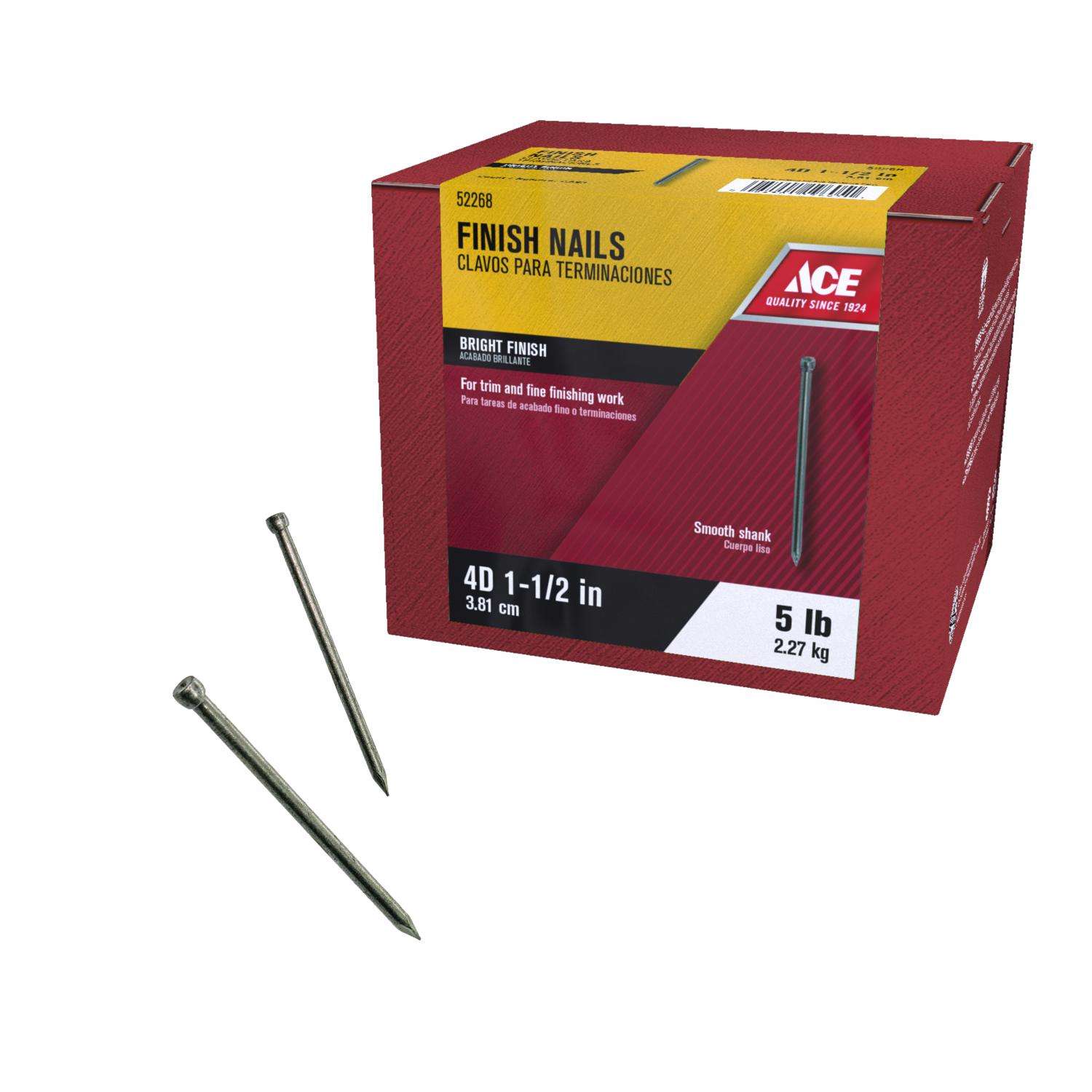 Ace 4D 1-1/2 in. Finishing Bright Steel Nail Countersunk Head 5 lb Ace 4D 1-1/2 in. Finishing Bright Steel Nail Countersunk Head 5 lb