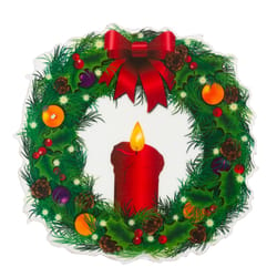 Gerson Red Wreath Window Cling Candle Indoor Christmas Decor 11.2 in.