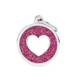 MyFamily Shine Pink/White Glitter Circle with Heart Metal Pet Tags Large