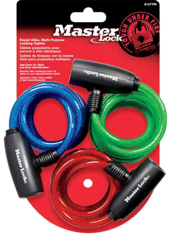 BIKE LOCK CABLE WITH KEYS COMES IN BLACK GREEN RED AND BLUE tool bench 