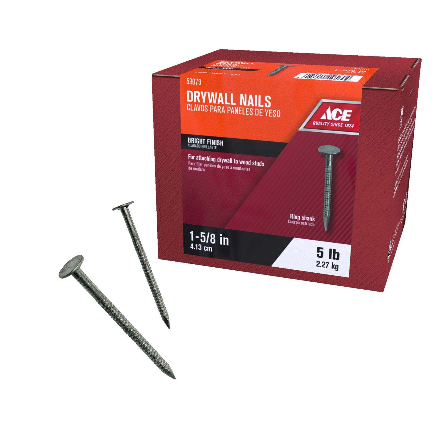 Ace 1-5/8 in. Drywall Bright Steel Nail Flat Head 5 lb Ace 1-5/8 in. Drywall Bright Steel Nail Flat Head 5 lb