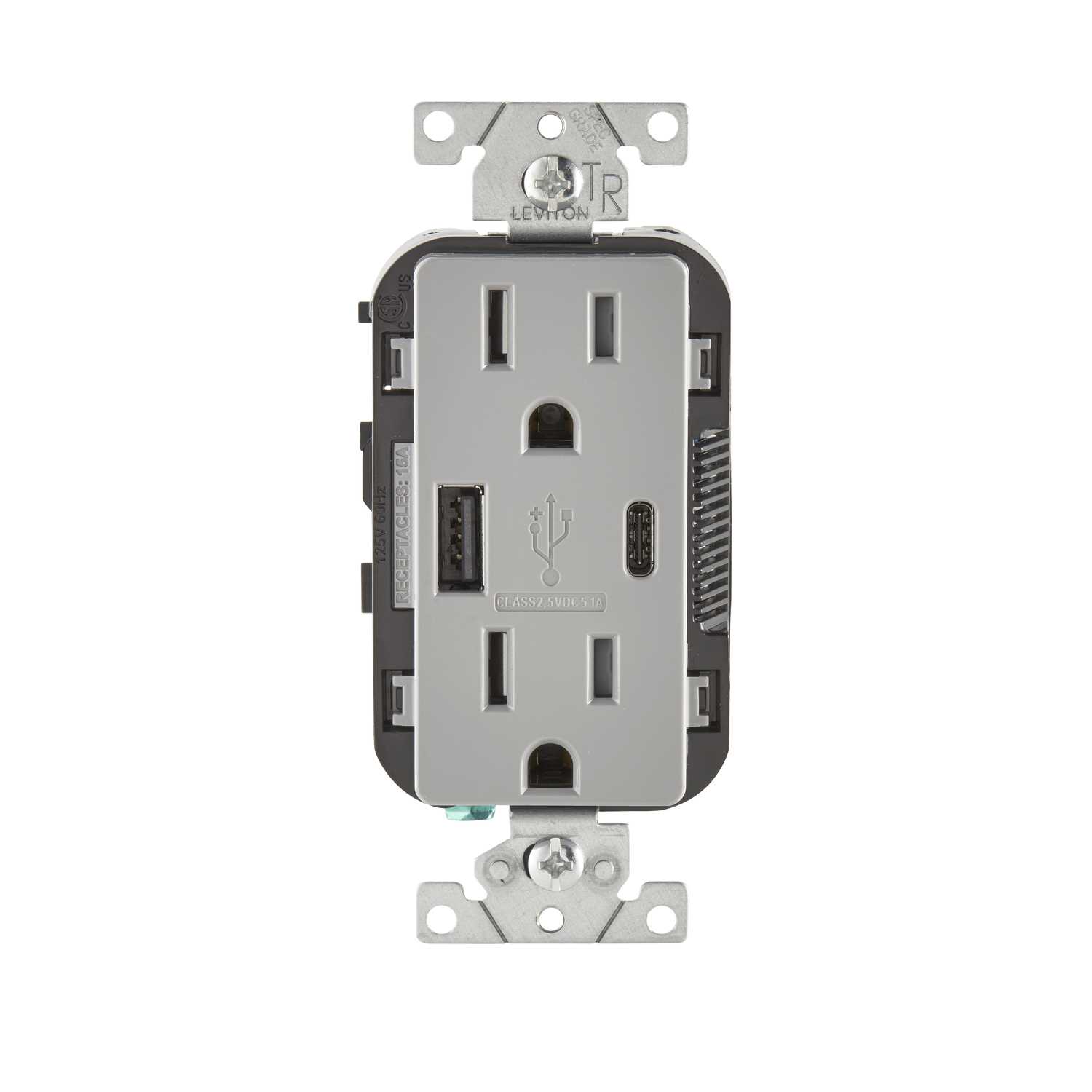 Leviton Decora 15 Amps 125 Volt Gray Outlet And Usb Charger 5 15r