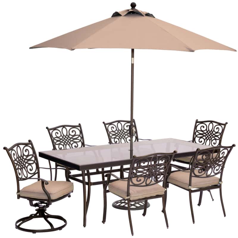 Hanover Traditions 7 Pc Bronze Aluminum Traditional Dining Set Tan Ace Hardware - Ace Hardware Patio Table Umbrella Stand