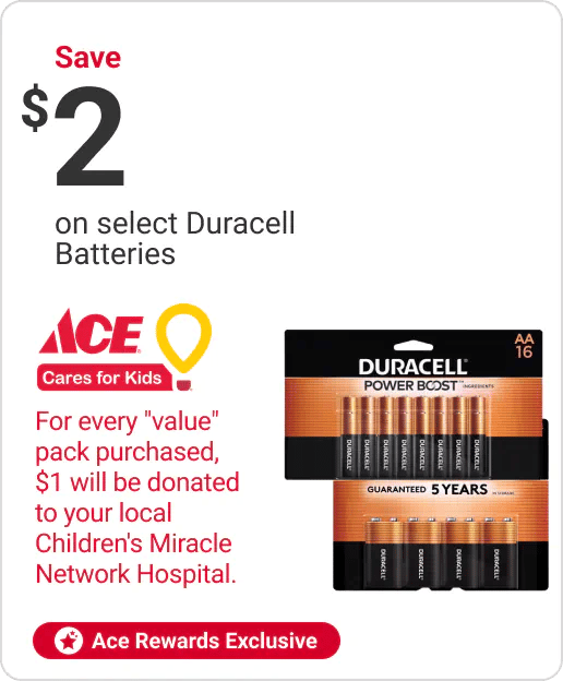 Ace Rewards Members Save $2 on select Duracell Batteries