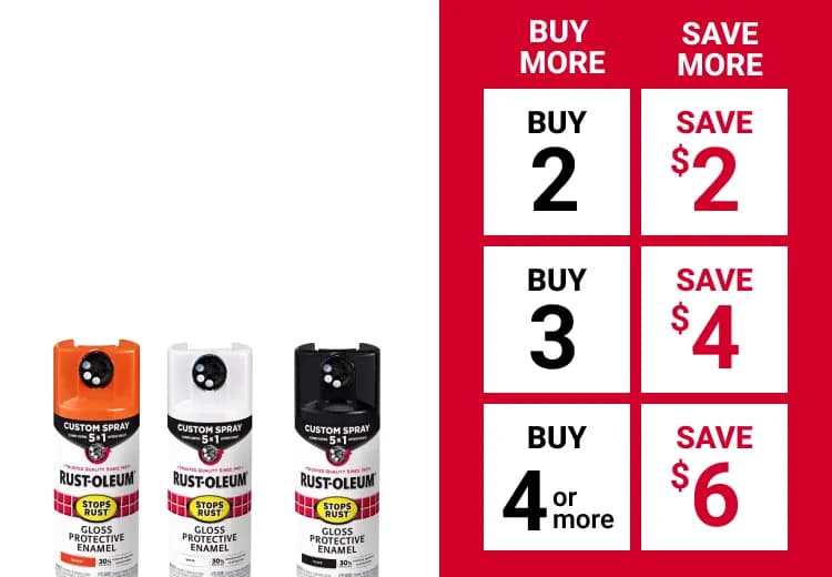 Buy More and Save on select Rust-Oleum® Spray Paint. Buy 2, save $2. Buy 3, save $4. Buy 4 or more, save $6.