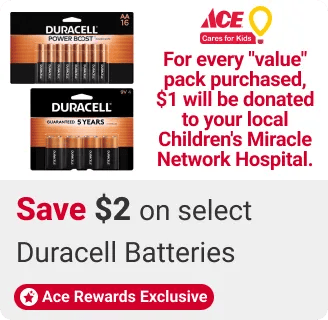 Save $2 on select Duracell Batteries. For every 'value' pack purchased, $1 will be donated to your local Children's Miracle Network Hospital.
