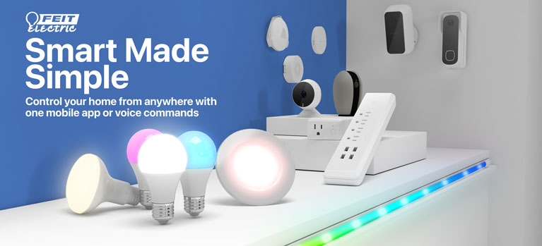Feit, Smart Made Simple, Control your home from anywhere with one mobile app or voice commands