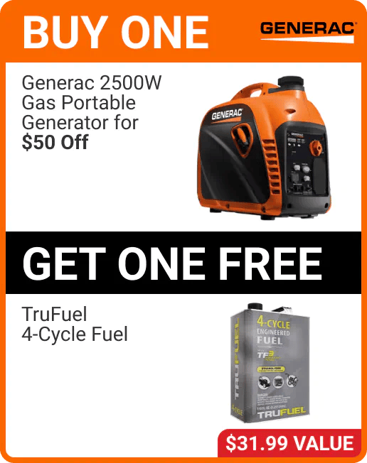 Buy One Generac 2500W Gas Portable Generator for $50 Off, Get One Free TruFuel 4-Cycle Fuel