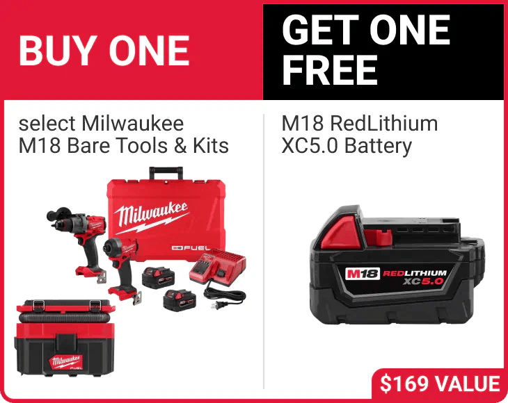 Buy One select Milwaukke M18 Bare Tools & Kits, Get One Free M18 RedLithium XC5.0 Battery
