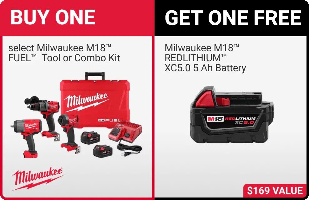 Buy One select Milwaukee M18 FUEL Tool or Combo Kit, Get One Free Milwaukee M18 REDLITHIUM XC5.0 Ah Battery