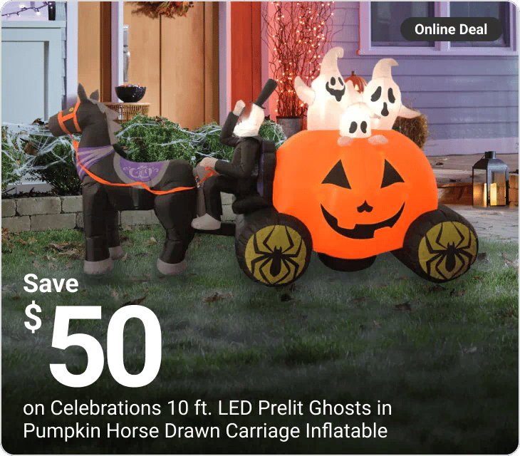 Online Deal — Save $50 on Celebrations 10 ft. LED Prelit Ghosts in Pumpkin Horse Drawn Carriage Inflatable