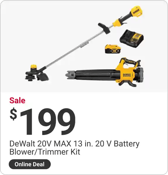 Online Deal! Sale $199 DeWalt 20V MAX 13 in. 20 V Battery Blower/Trimmer Kit