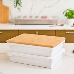 Dough boxes and prep lid stacked together 