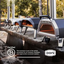 Ooni pizza ovens lined up outside with certified stickers