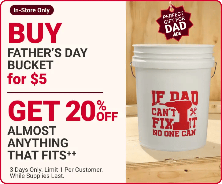 buy father’s day bucket for $5 get 20% off almost anything that fits++, 3 Days Only. Limit 1 Per Customer. While Supplies Last., in-store only