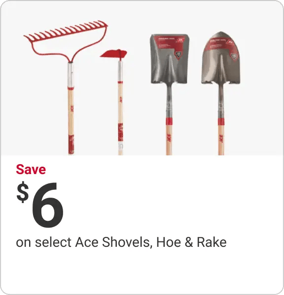 save $6 on select Ace Shovels, Hoe & Rake
