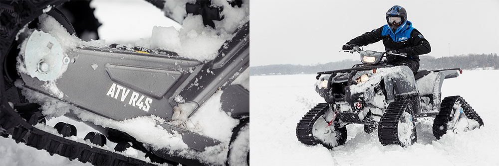 Left image, close up of track kit.  Right image man riding ATV with track kit.