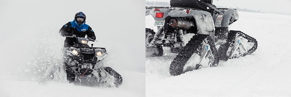 Two images of ATV with track kit on snow days.