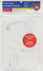 Front of white, bubble mailer 10-pack with &quot;To&quot; and &quot;From&quot; fields and a round, red, &quot;Scent-blocking mailer&quot; sticker.