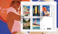 Souvenir sheet cover with &quot;Vintage Travel Posters&quot; text, 5 collection stamps, and an illustrated woman at the beach wearing a red hat.