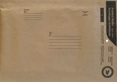 Kraft-coloured padded mailer with &quot;To&quot; and &quot;From&quot; fields, &quot;Padded mailer&quot; text, and 2 black Canada Post logos. 