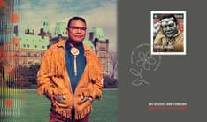 Cover, with George Manuel on Parliament Hill, his stamp, and a beadwork flower cancel mark. 