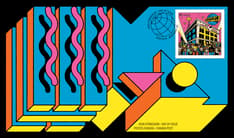 Front of OFDC shows a bright blue stylized M on black, accented with yellow, orange and pink. MusiquePlus stamp and Montréal cancel top right. 