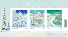 Souvenir sheet: Snowy landscape with snow-capped trees, featuring three Holiday Winter Scene issue stamps at the centre.