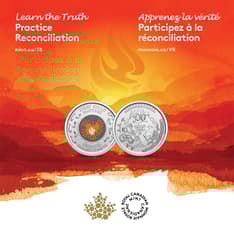 Front view of card, with warm-tone, Indigenous mountain and flame art, and two, silver-coloured, overlapping coins. 