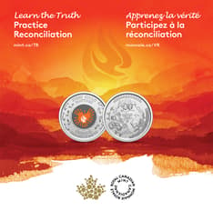 Front view of card, with warm-tone, Indigenous mountain and flame art, and two, silver-coloured, overlapping coins. 