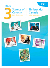 Front of pack. Depicts a collage of collection stamps and &quot;Stamps of Canada,&quot; &quot;July-September,&quot; &quot;2020&quot;