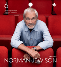 Front features stamp image of Jewison at Canadian Film Centre, and “Norman Jewison 1926-2024”, “6 Permanent™ Stamps” and “Canada”.