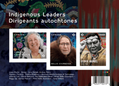 Souvenir sheet, with “Indigenous Leaders” text and three stamps from the collection.