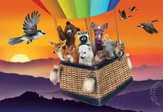 A hot air balloon filled with baby animals flying in a purple, pink and orange sky, escorted by birds. Postage-paid mark bottom right. 