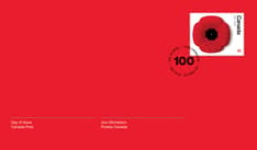 Red cover featuring a red, black and white Remembrance Poppy pin stamp, and &quot;100,&quot; &quot;Day of issue,&quot;