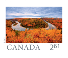 Image of a horseshoe-shaped stretch of the Restigouche River in New Brunswick in autumn, with “Canada” in type and 2.61 rate at the bottom. 