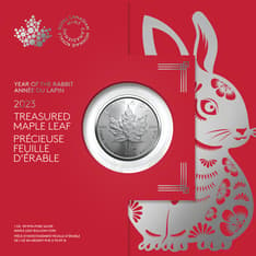 Red card with a rabbit graphic. Contains a silver coin with a maple leaf, and &quot;year of the rabbit&quot; and &quot;2023&quot; text.