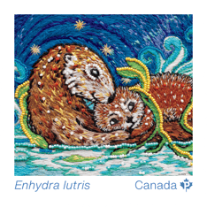 The Animal Mothers and Babies stamp issue featuring 2 stamps with embroidered and beaded images of sea otter and red-necked grebe mothers and babies. 
