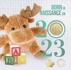 Card depicts a stuffed moose toy, stacked ABC blocks, and &quot;born in,&quot; and &quot;2023&quot; text.  A gold-coloured $1 coin occupies the 0.
