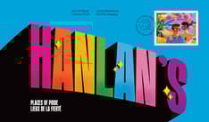 Front of envelope shows “Hanlan’s” in rainbow block letters against a blue background. Stamp top right corner with balloon cancel mark.