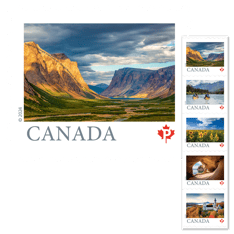 A strip of 5 stamps, one of each design, featuring images of stamps described above. 