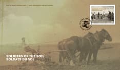 Envelope front featuring Soldiers of the Soil stamp. Cover shows a vintage photo of G.S. Andrews ploughing a wheat field in Purves, Manitoba, 1918.