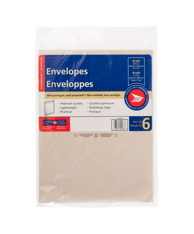 6-pack kraft envelopes in clear overwrap. Canada Post label has product title, dimensions and an envelope illustration.